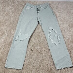 American Eagle Mom Jeans Ripped Distressed High Waist Denim Green Size 2 Long